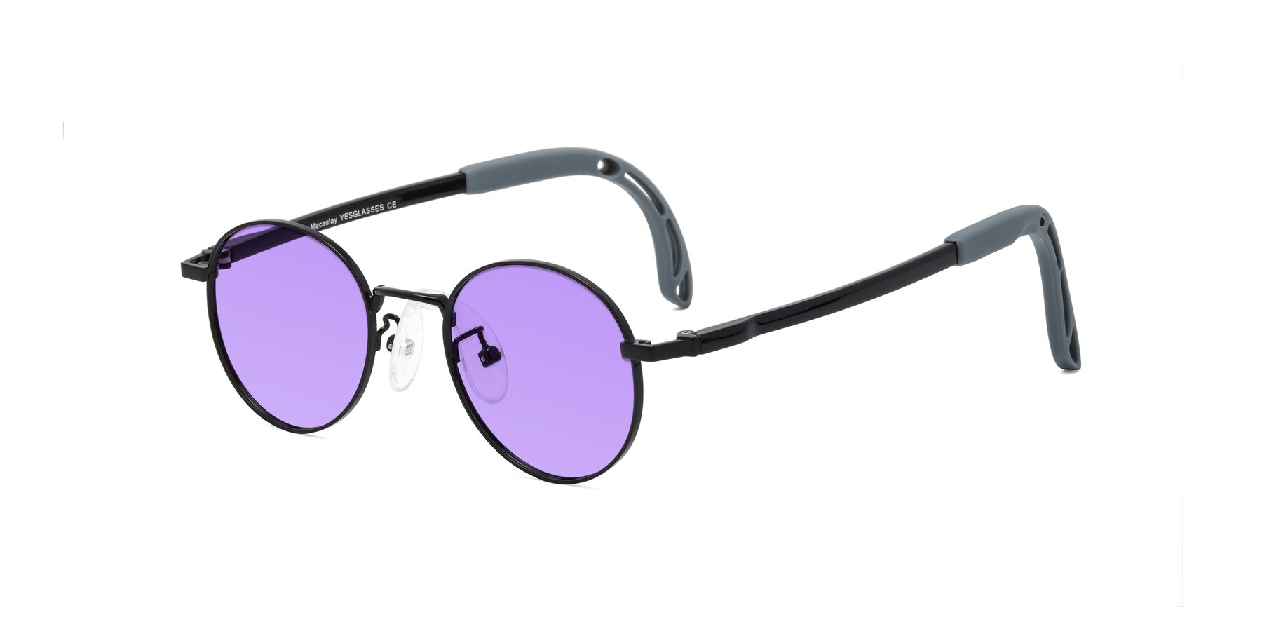 Angle of Macaulay in Ninja Black with Medium Purple Tinted Lenses