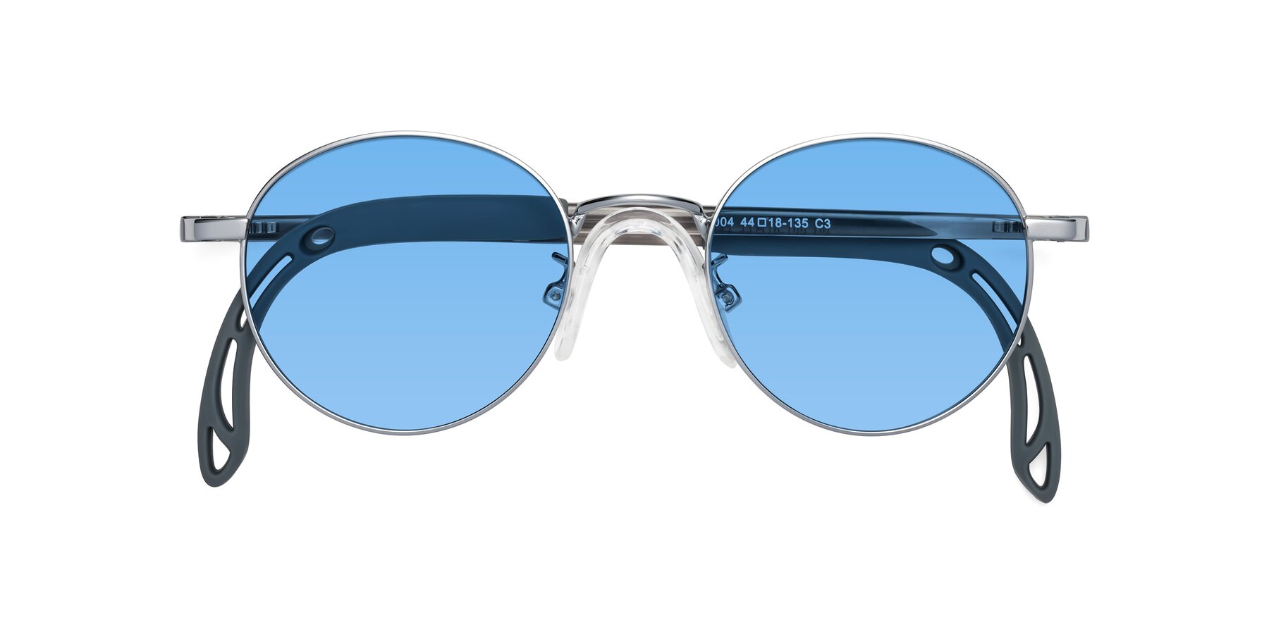 Folded Front of Macaulay in Knight Silver with Medium Blue Tinted Lenses