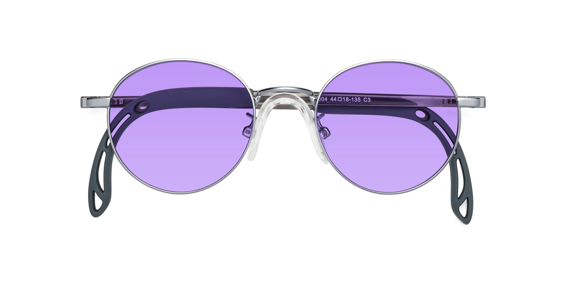 Folded Front of Macaulay in Knight Silver with Medium Purple Tinted Lenses