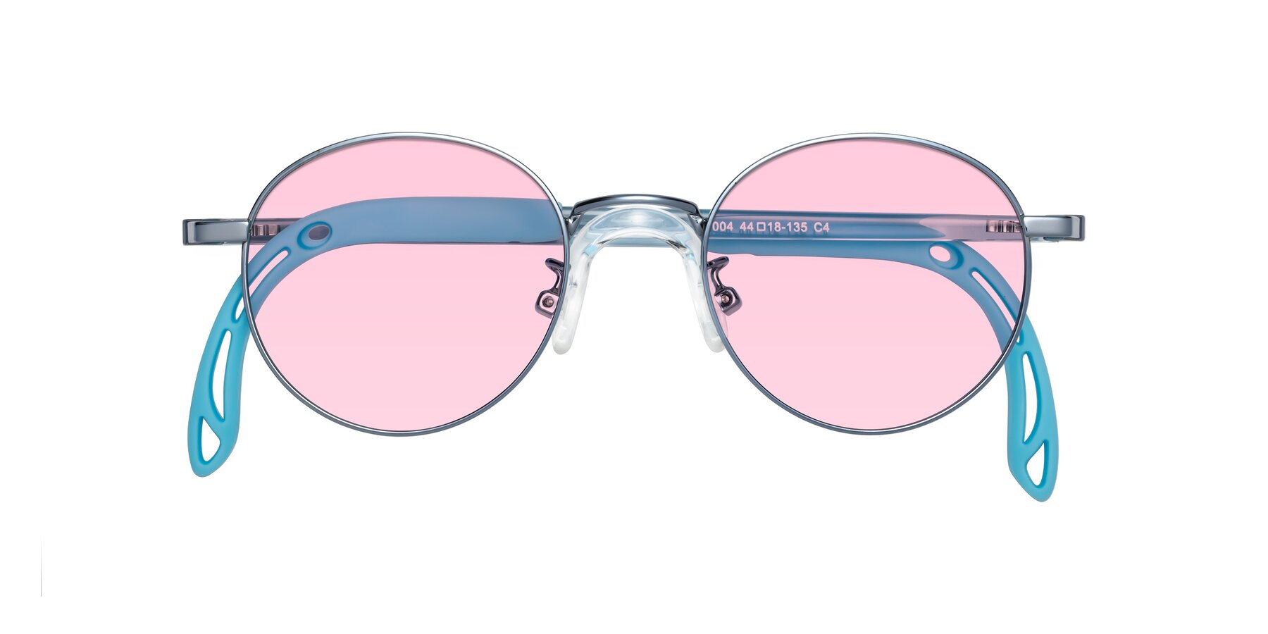 Folded Front of Macaulay in Pilot Blue with Light Pink Tinted Lenses