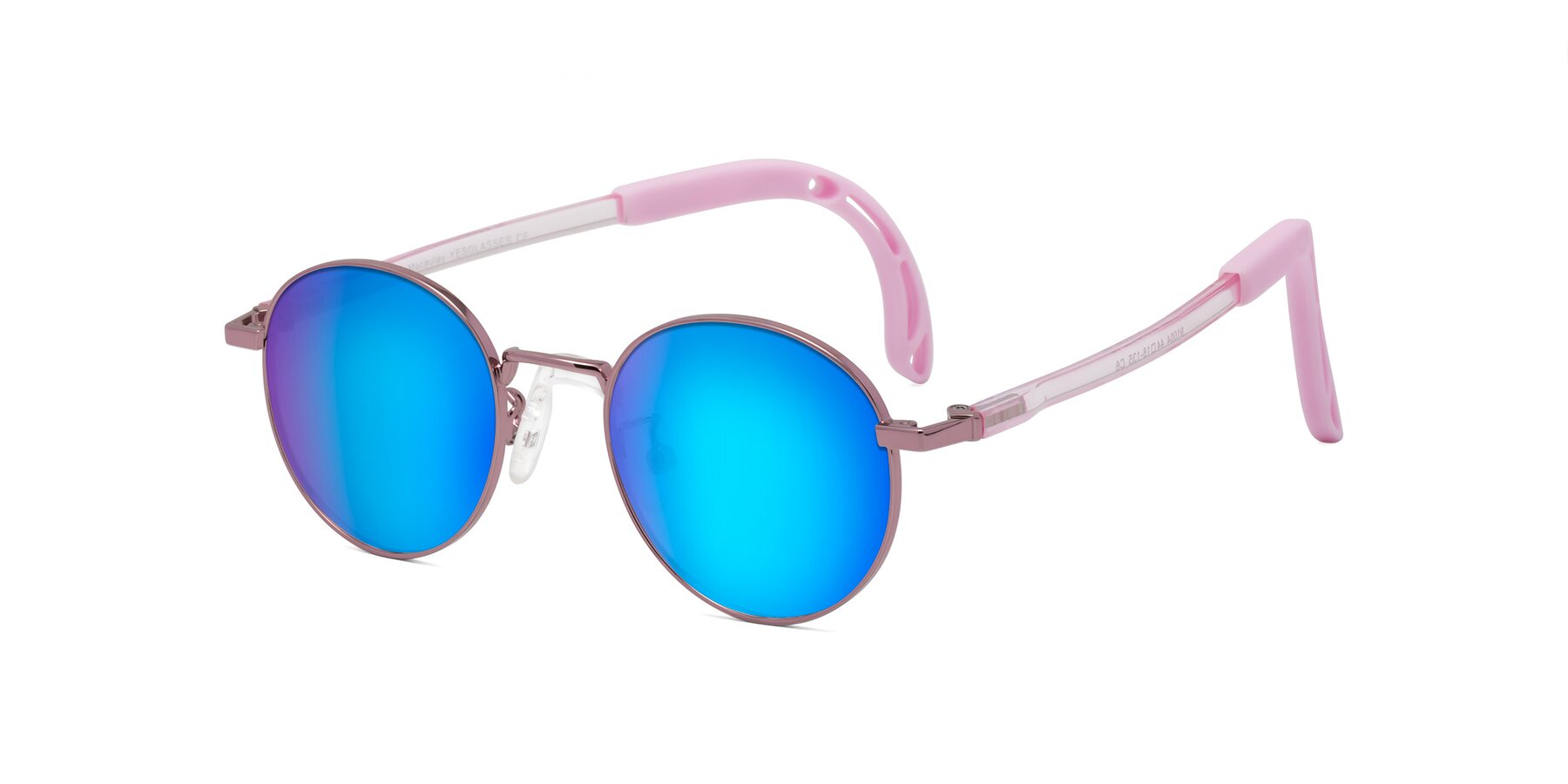 Angle of Macaulay in Artist Pink with Blue Mirrored Lenses