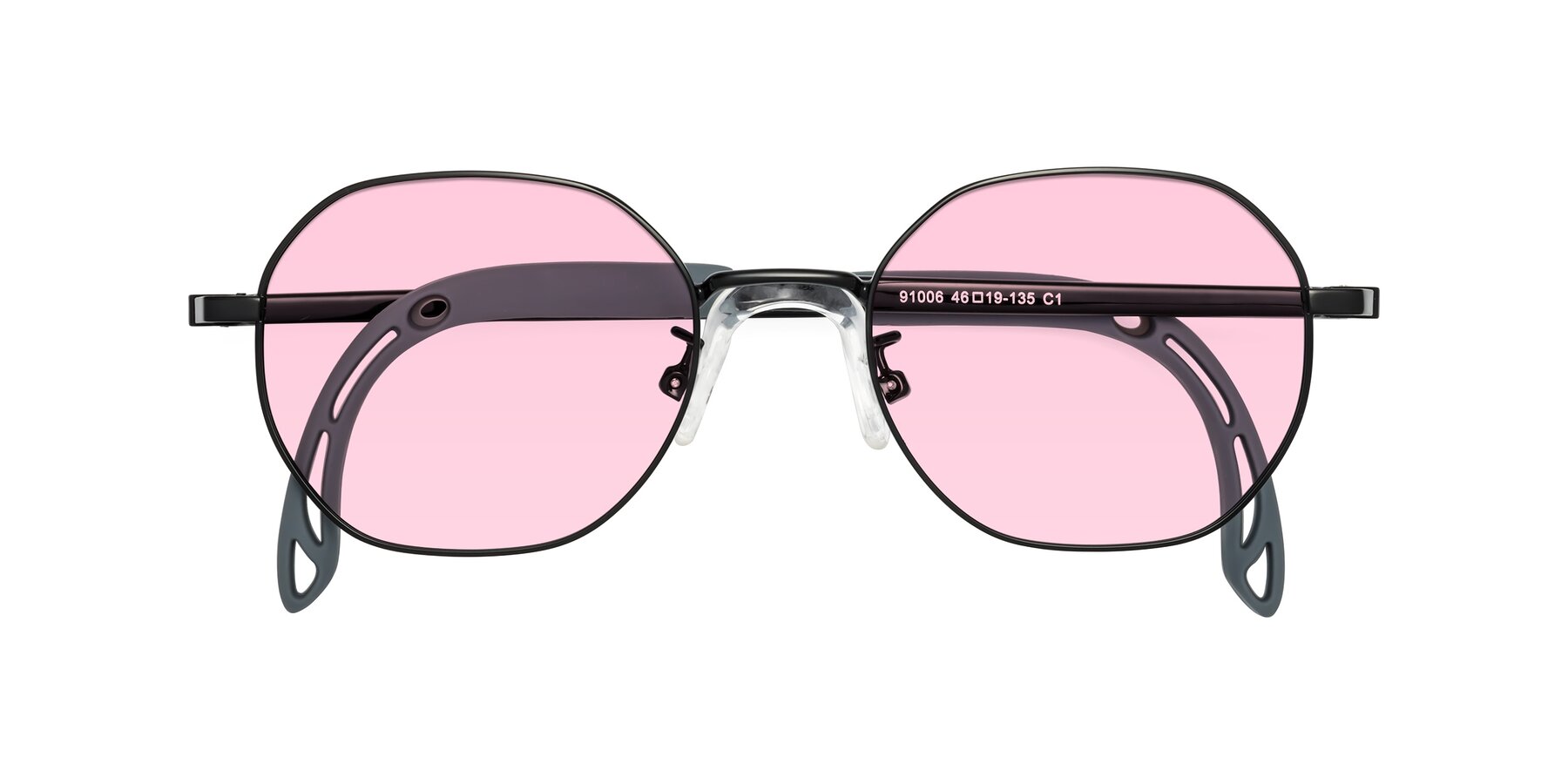 Folded Front of Esther in Ninja Black with Light Pink Tinted Lenses