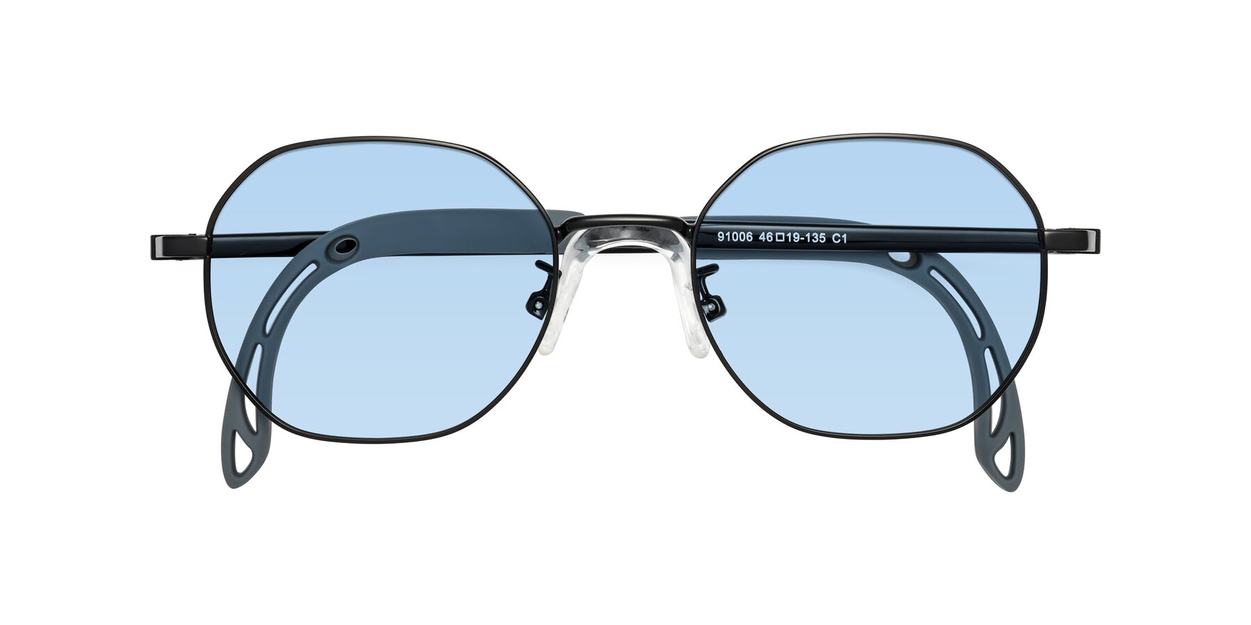 Folded Front of Esther in Ninja Black with Light Blue Tinted Lenses