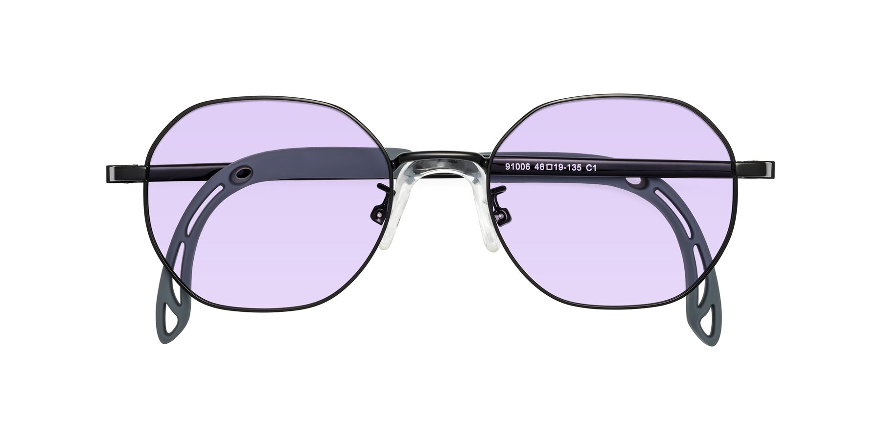 Folded Front of Esther in Ninja Black with Light Purple Tinted Lenses