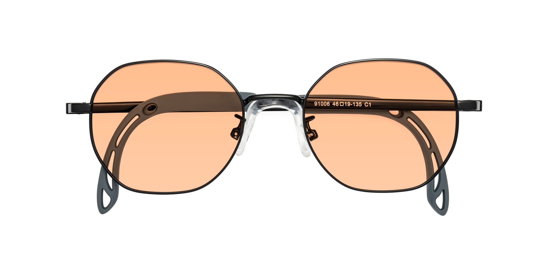 Folded Front of Esther in Ninja Black with Light Orange Tinted Lenses