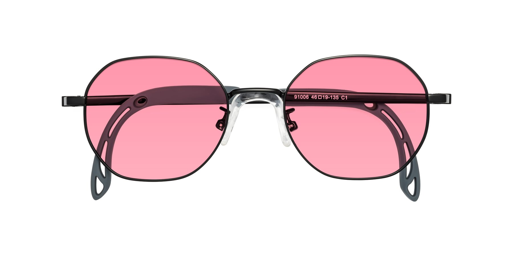 Folded Front of Esther in Ninja Black with Pink Tinted Lenses