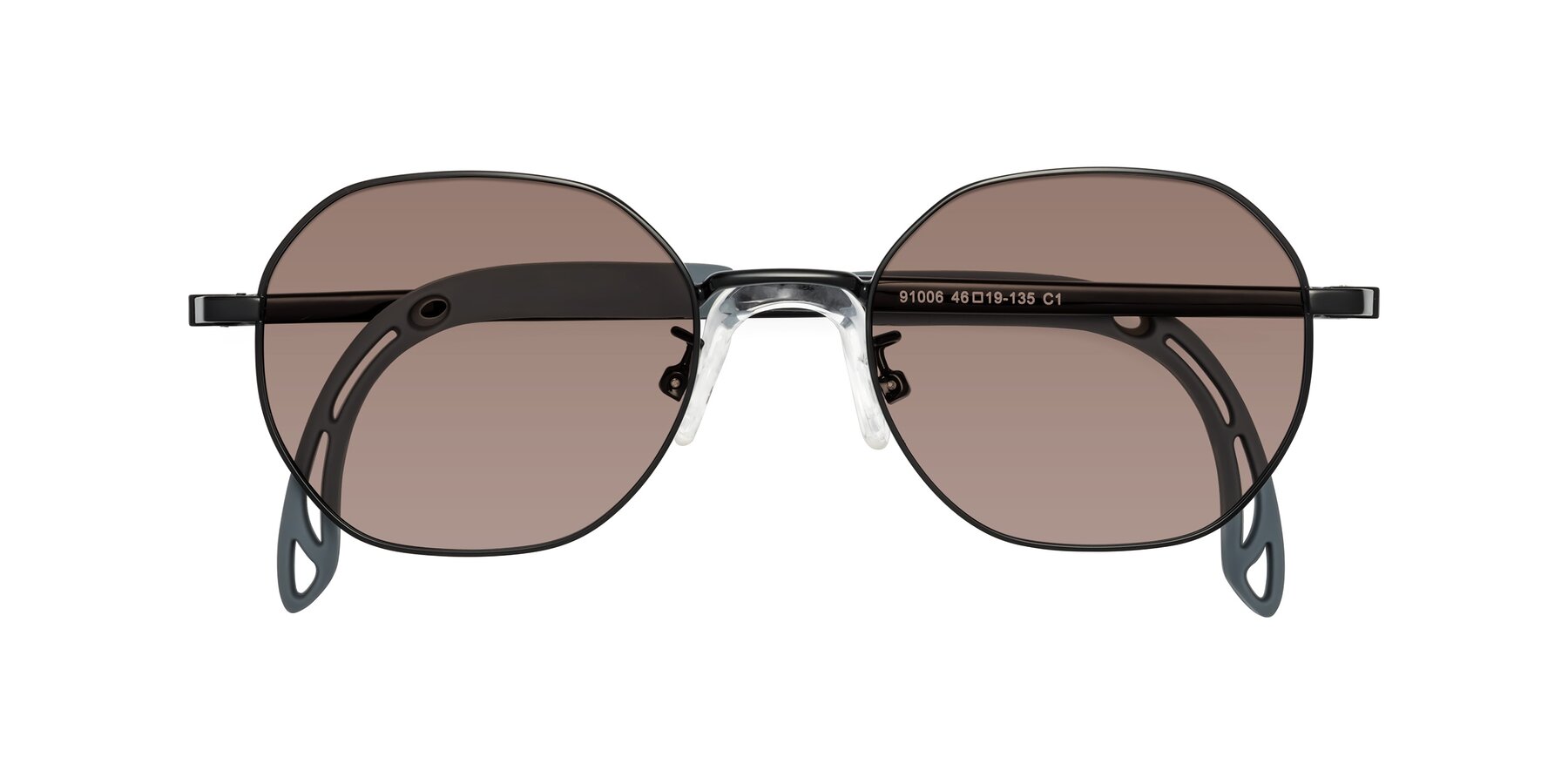 Folded Front of Esther in Ninja Black with Medium Brown Tinted Lenses