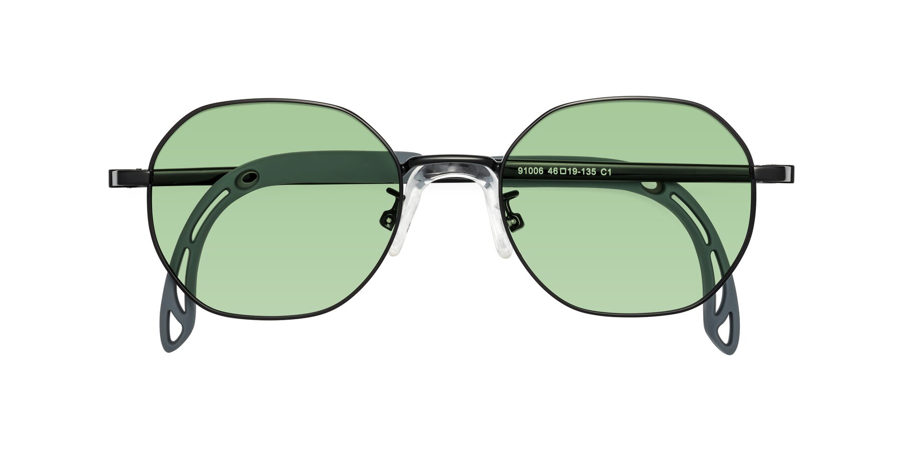 Folded Front of Esther in Ninja Black with Medium Green Tinted Lenses