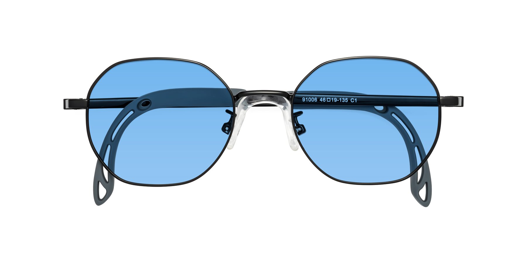 Folded Front of Esther in Ninja Black with Medium Blue Tinted Lenses