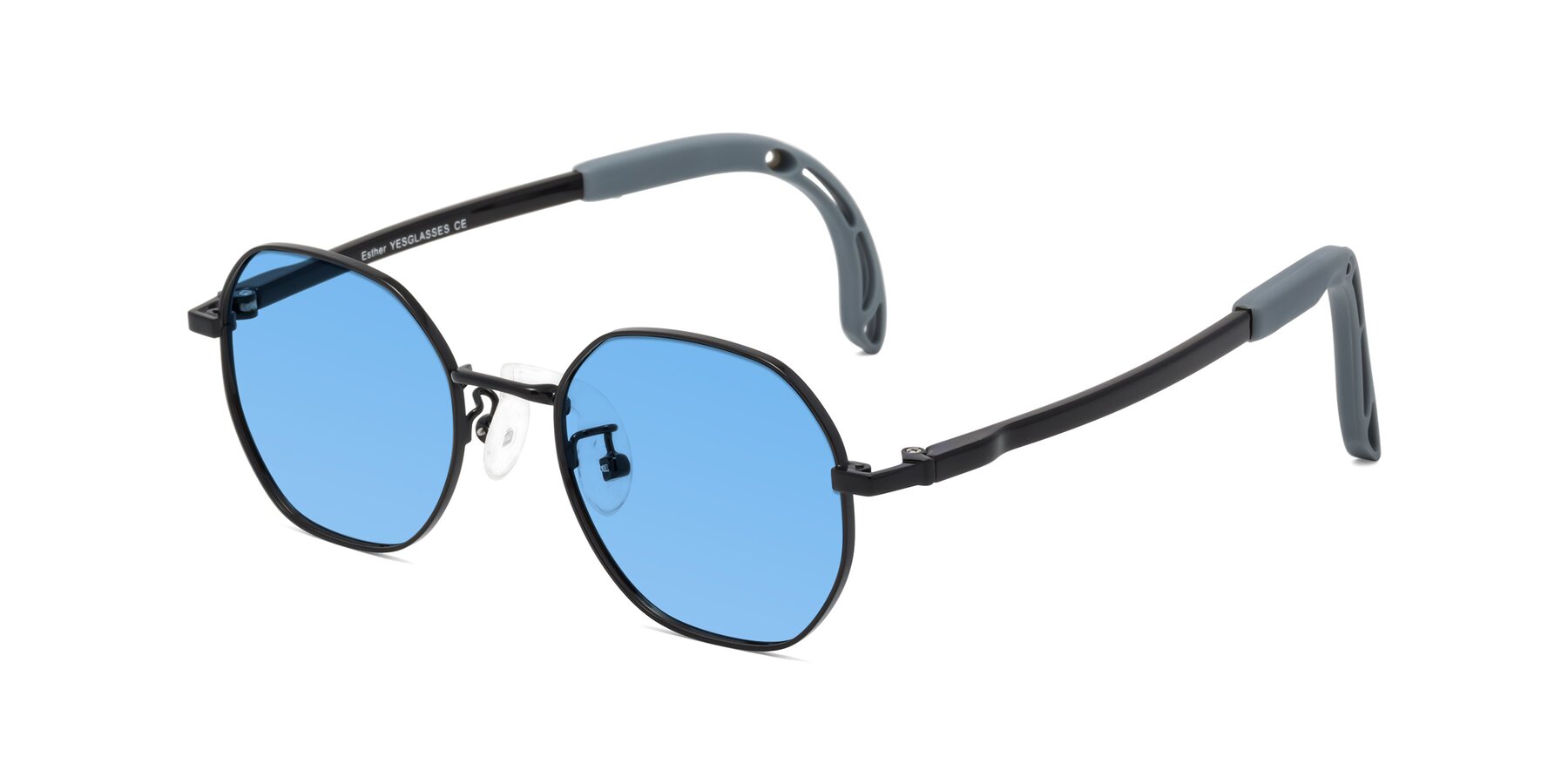 Angle of Esther in Ninja Black with Medium Blue Tinted Lenses