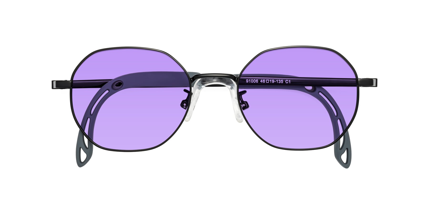 Folded Front of Esther in Ninja Black with Medium Purple Tinted Lenses