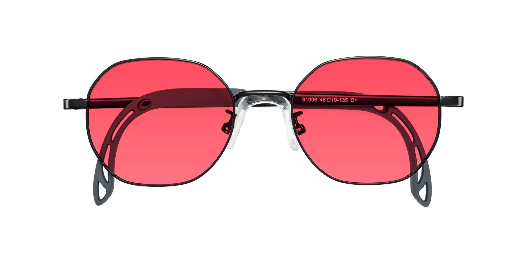 Folded Front of Esther in Ninja Black with Red Tinted Lenses