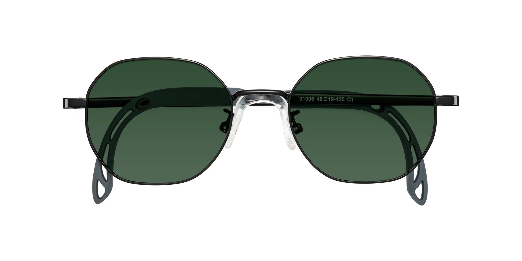 Folded Front of Esther in Ninja Black with Green Tinted Lenses