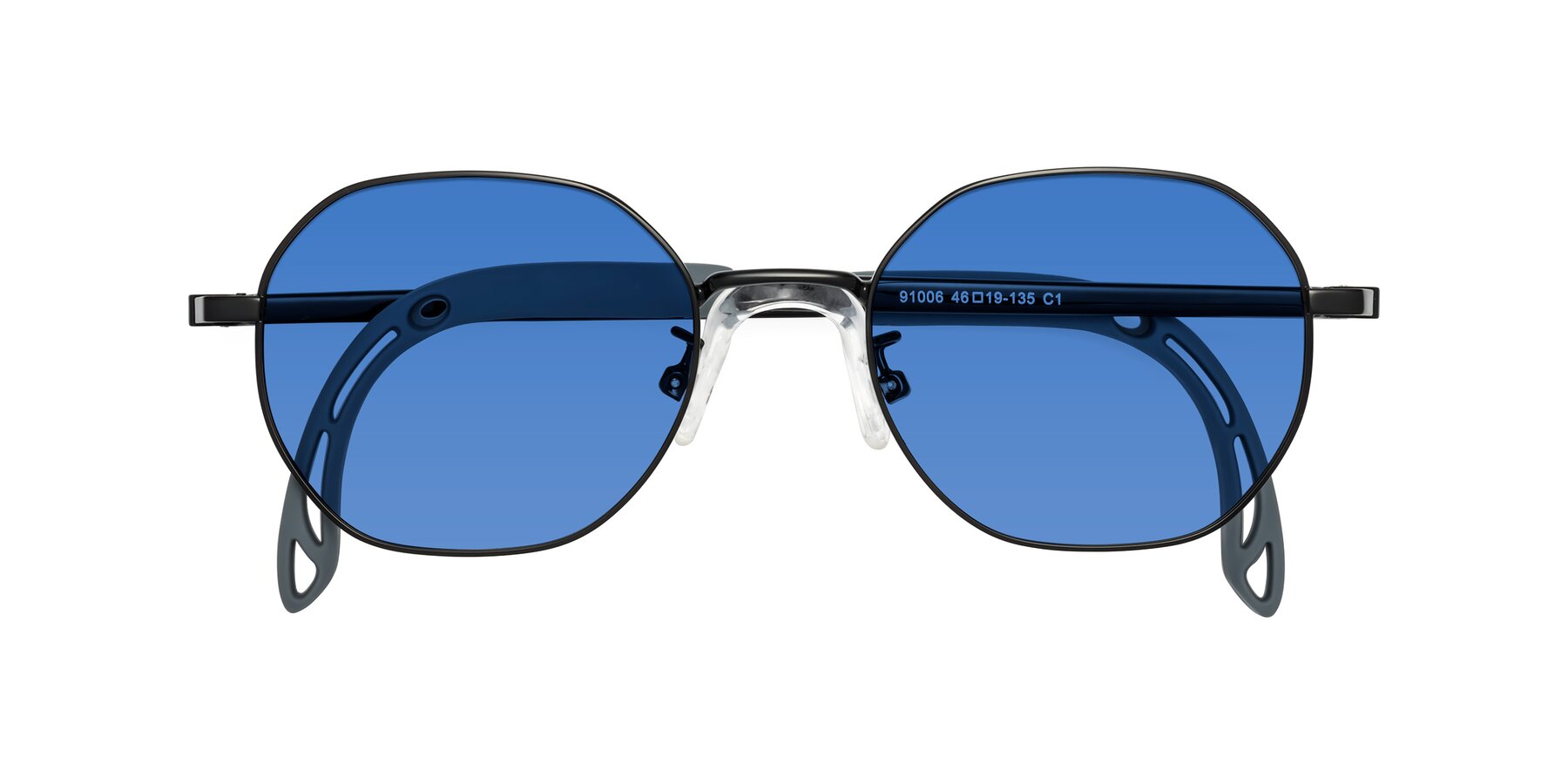 Folded Front of Esther in Ninja Black with Blue Tinted Lenses