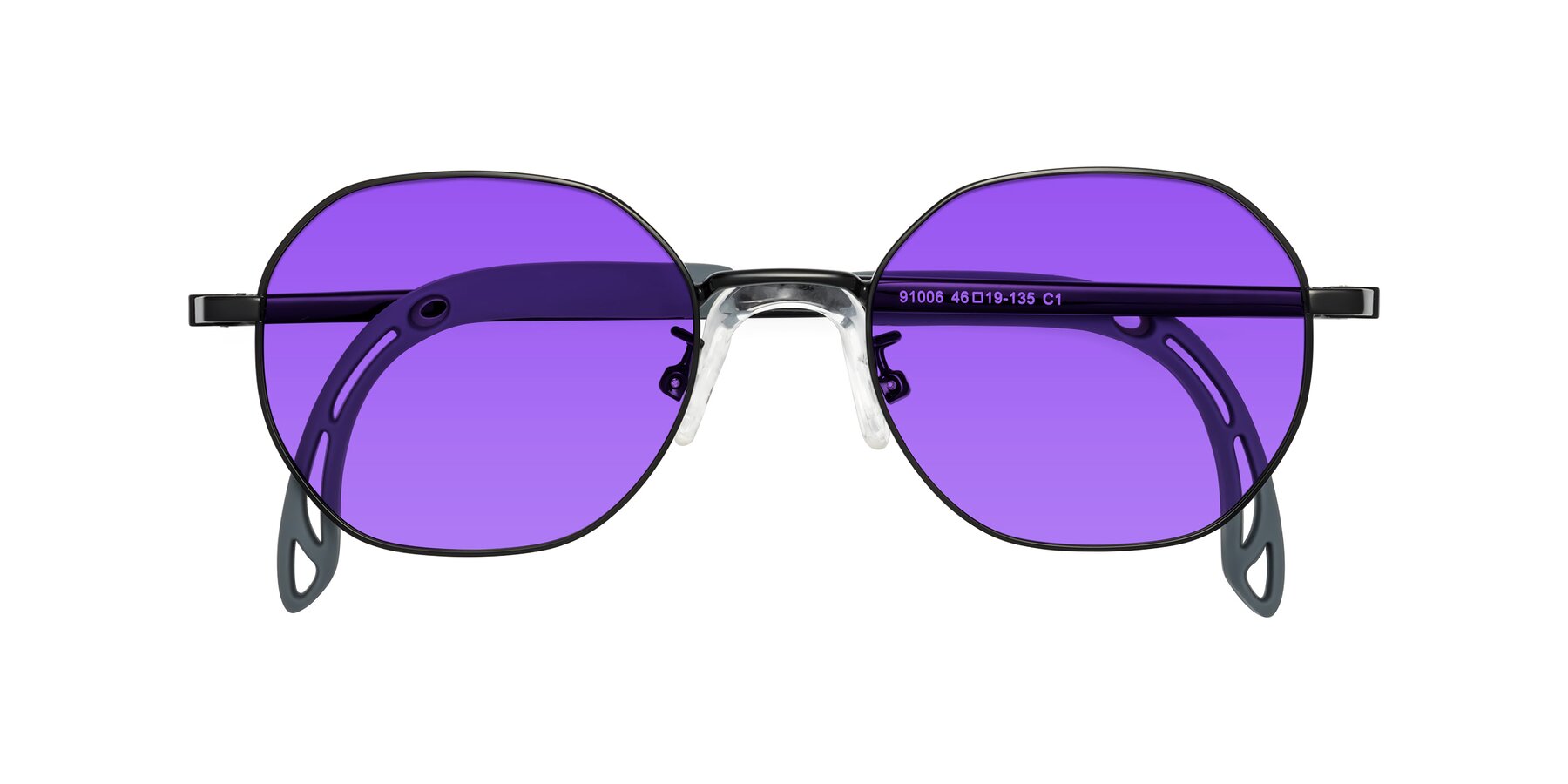 Folded Front of Esther in Ninja Black with Purple Tinted Lenses