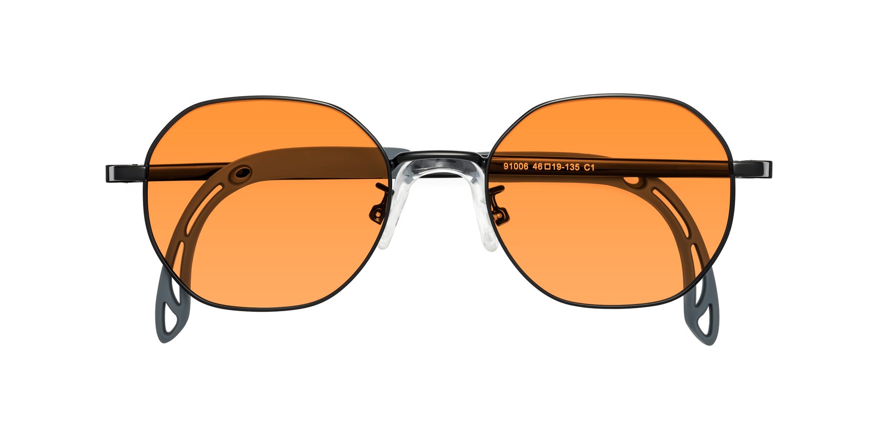 Folded Front of Esther in Ninja Black with Orange Tinted Lenses