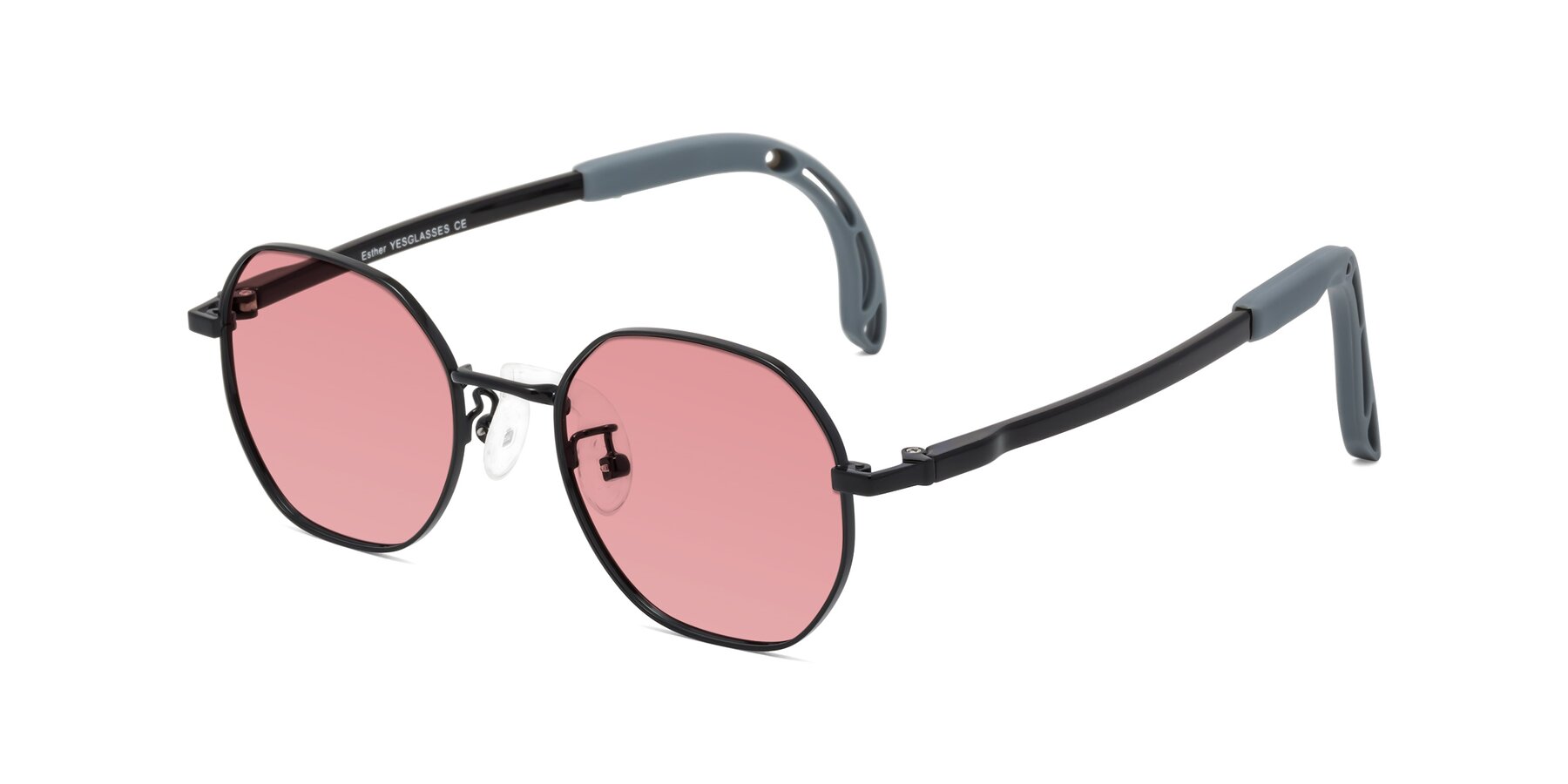 Angle of Esther in Ninja Black with Medium Garnet Tinted Lenses