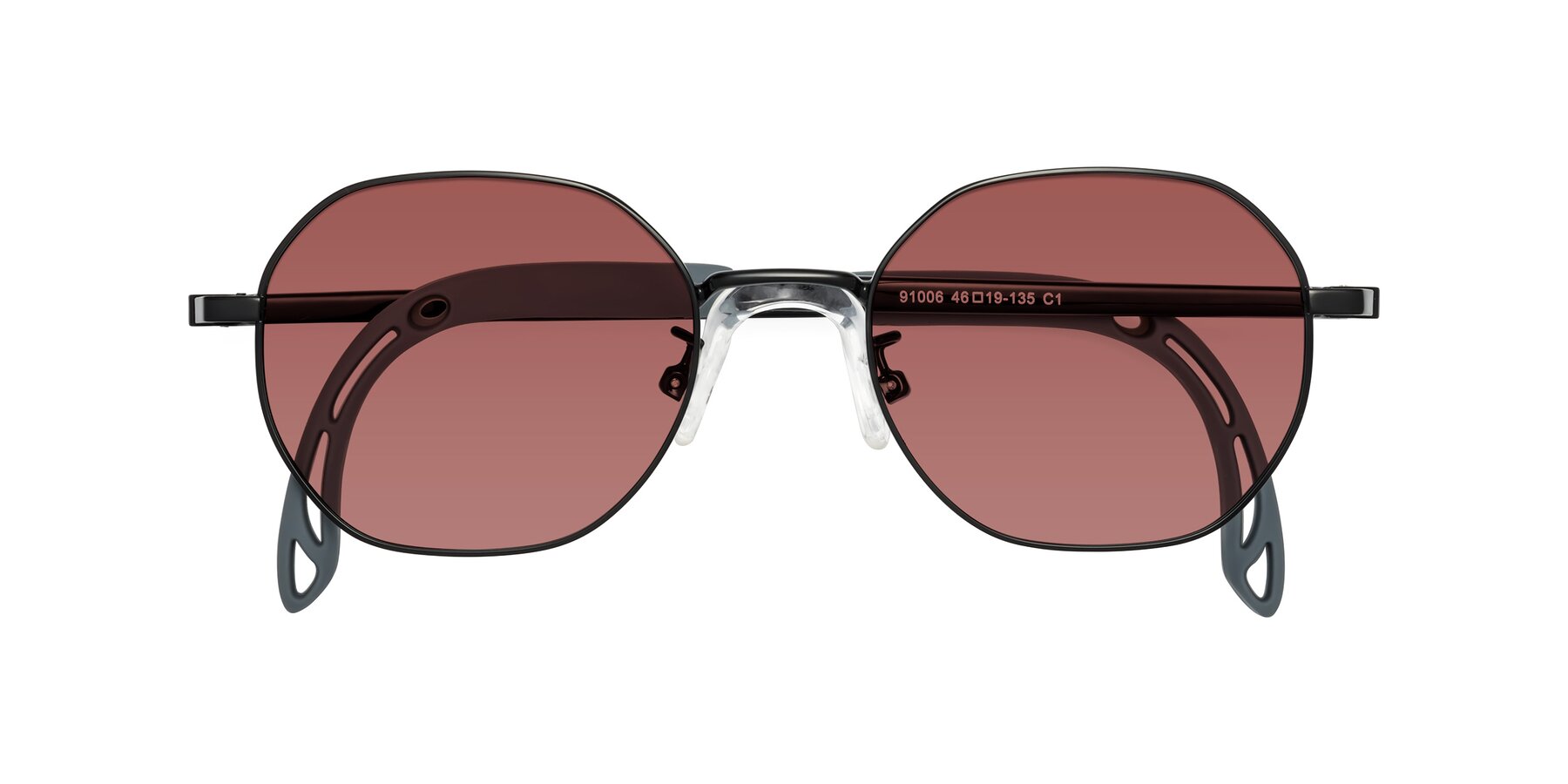 Folded Front of Esther in Ninja Black with Garnet Tinted Lenses