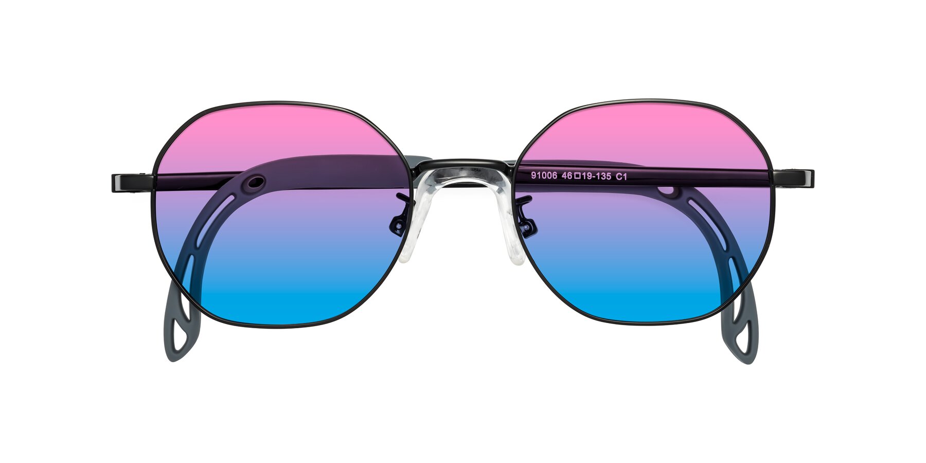 Folded Front of Esther in Ninja Black with Pink / Blue Gradient Lenses