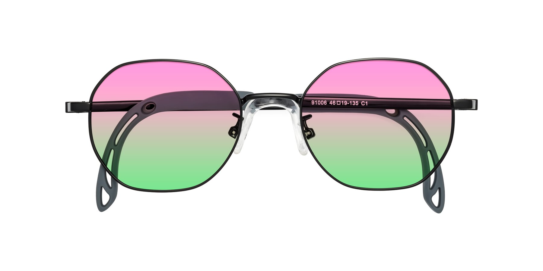 Folded Front of Esther in Ninja Black with Pink / Green Gradient Lenses