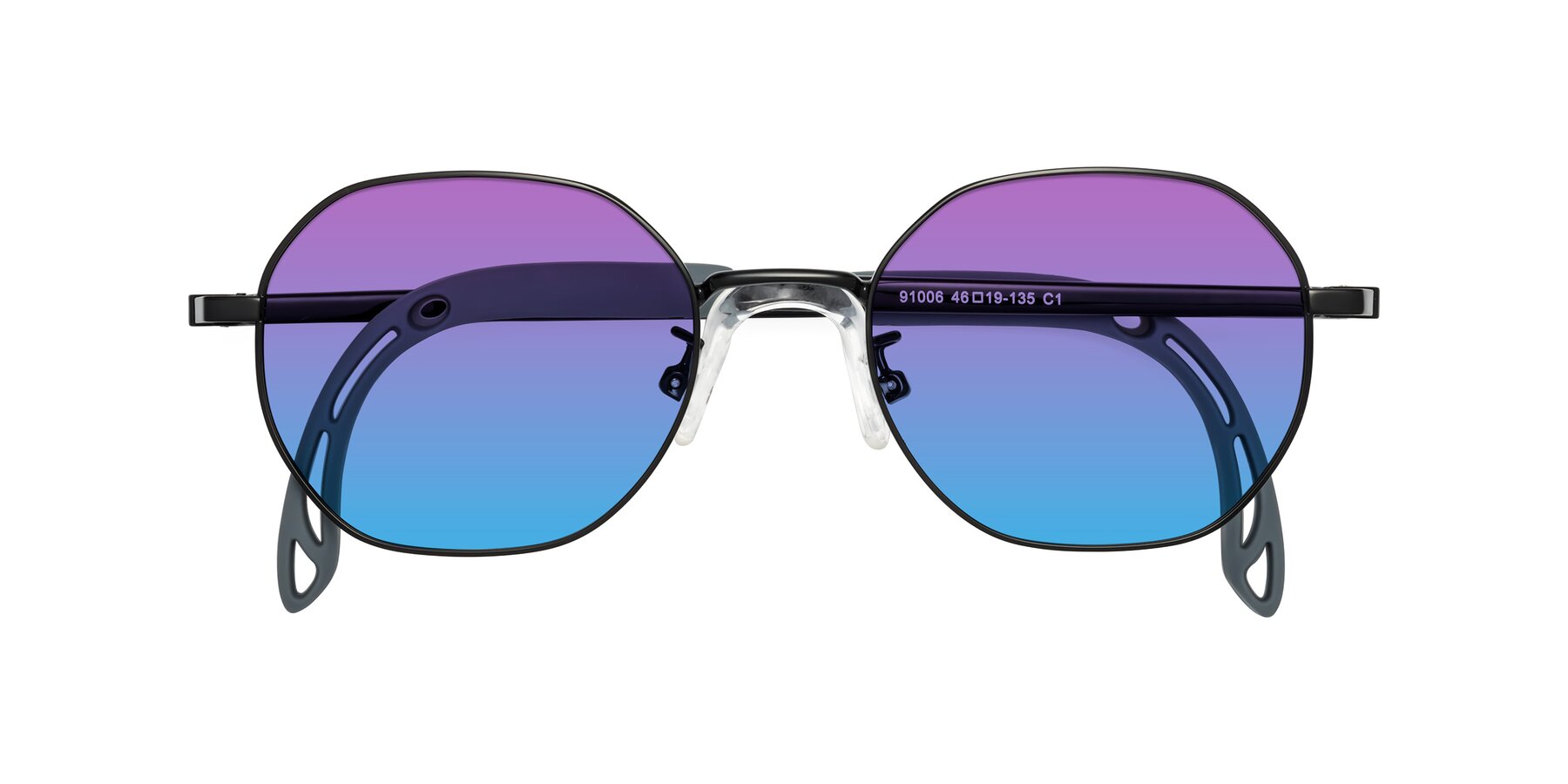 Folded Front of Esther in Ninja Black with Purple / Blue Gradient Lenses