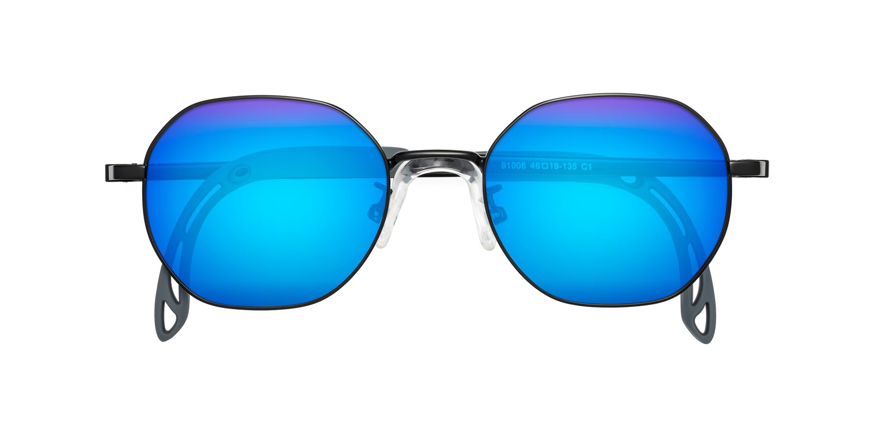 Folded Front of Esther in Ninja Black with Blue Mirrored Lenses