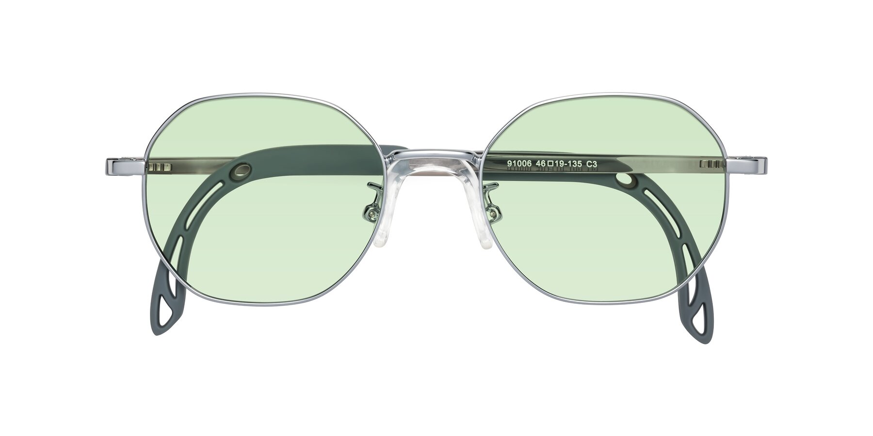 Folded Front of Esther in Knight Silver with Light Green Tinted Lenses