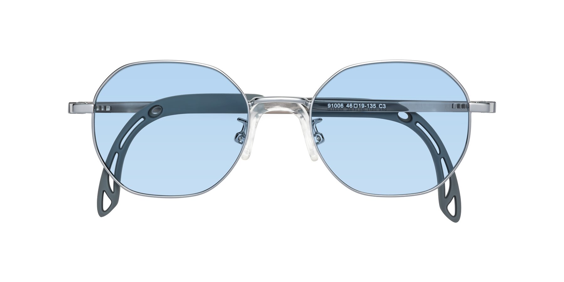 Folded Front of Esther in Knight Silver with Light Blue Tinted Lenses