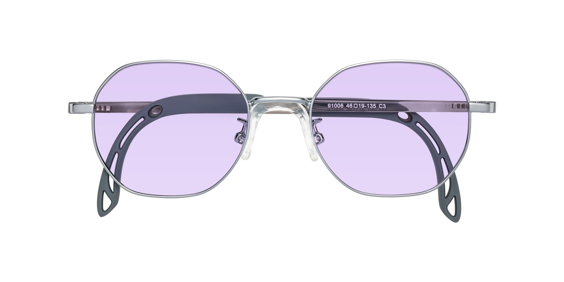 Folded Front of Esther in Knight Silver with Light Purple Tinted Lenses