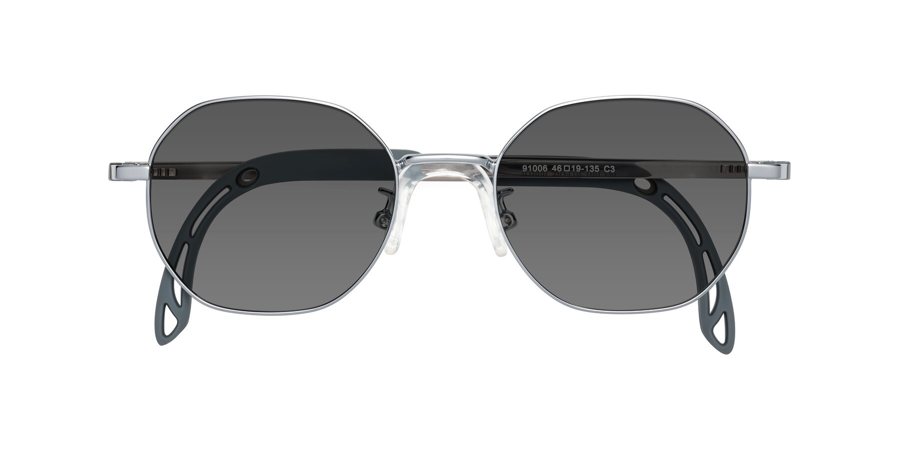 Folded Front of Esther in Knight Silver with Medium Gray Tinted Lenses