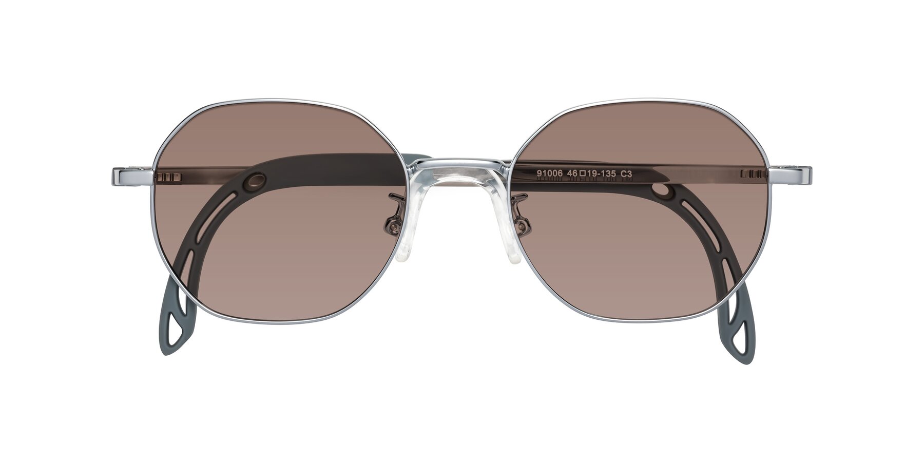 Folded Front of Esther in Knight Silver with Medium Brown Tinted Lenses