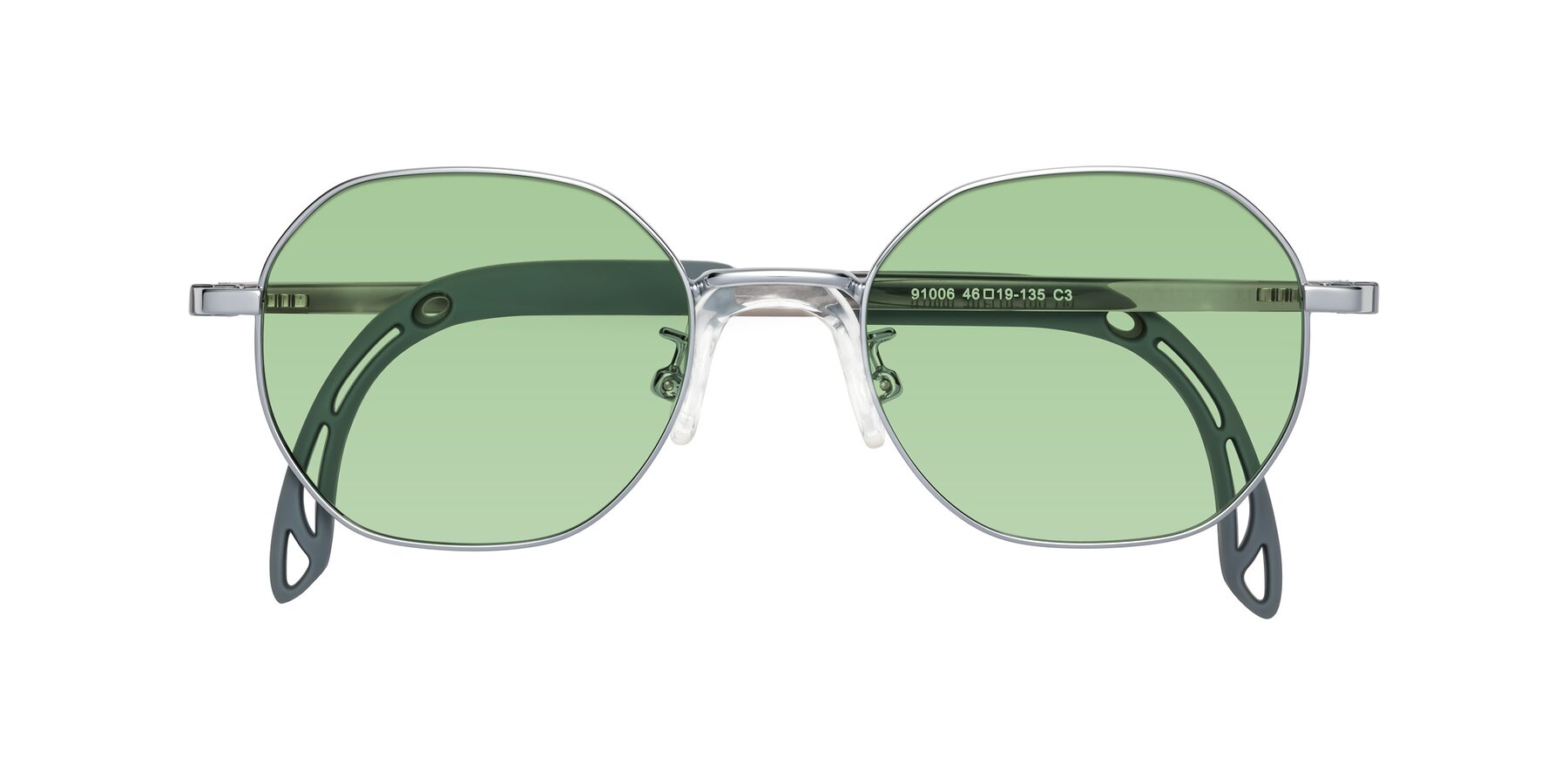 Folded Front of Esther in Knight Silver with Medium Green Tinted Lenses