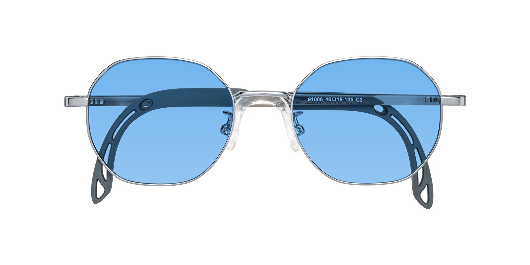 Folded Front of Esther in Knight Silver with Medium Blue Tinted Lenses