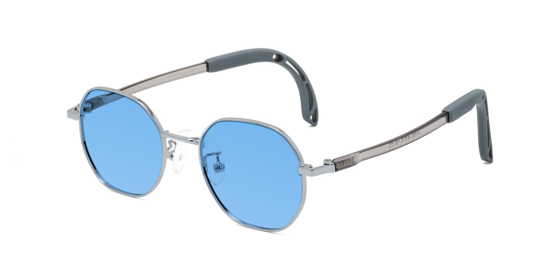 Angle of Esther in Knight Silver with Medium Blue Tinted Lenses