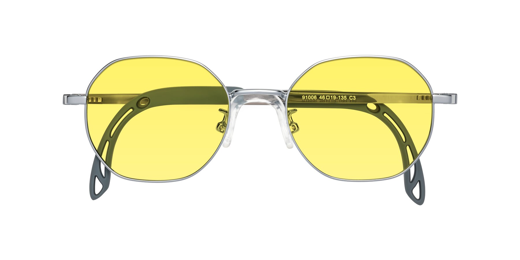 Folded Front of Esther in Knight Silver with Medium Yellow Tinted Lenses