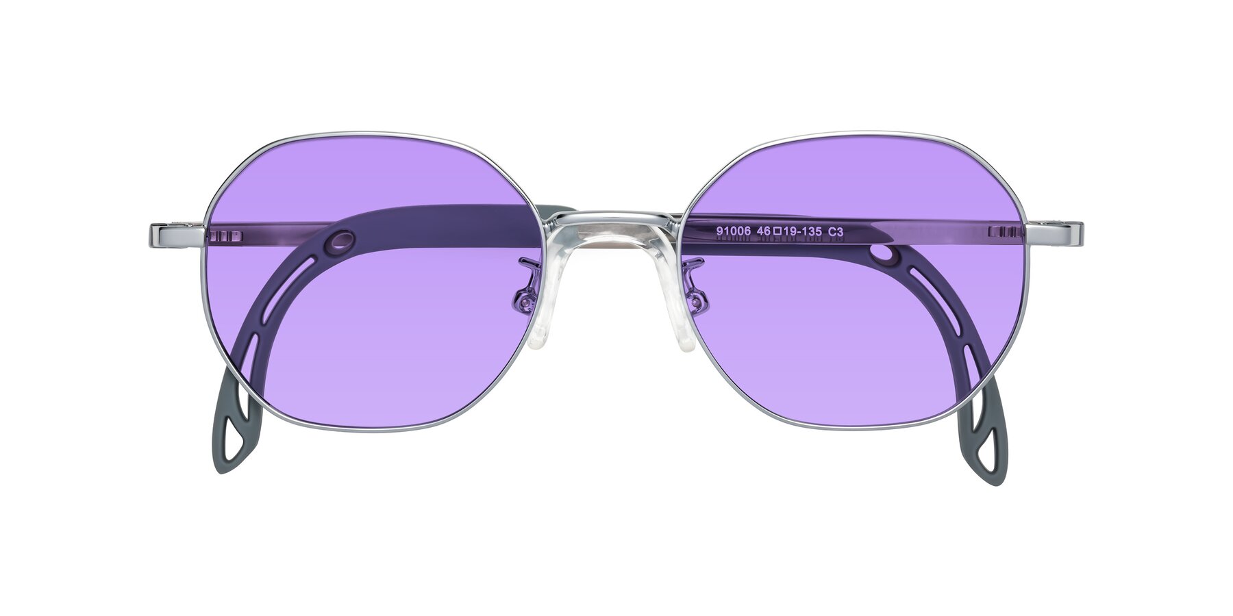 Folded Front of Esther in Knight Silver with Medium Purple Tinted Lenses