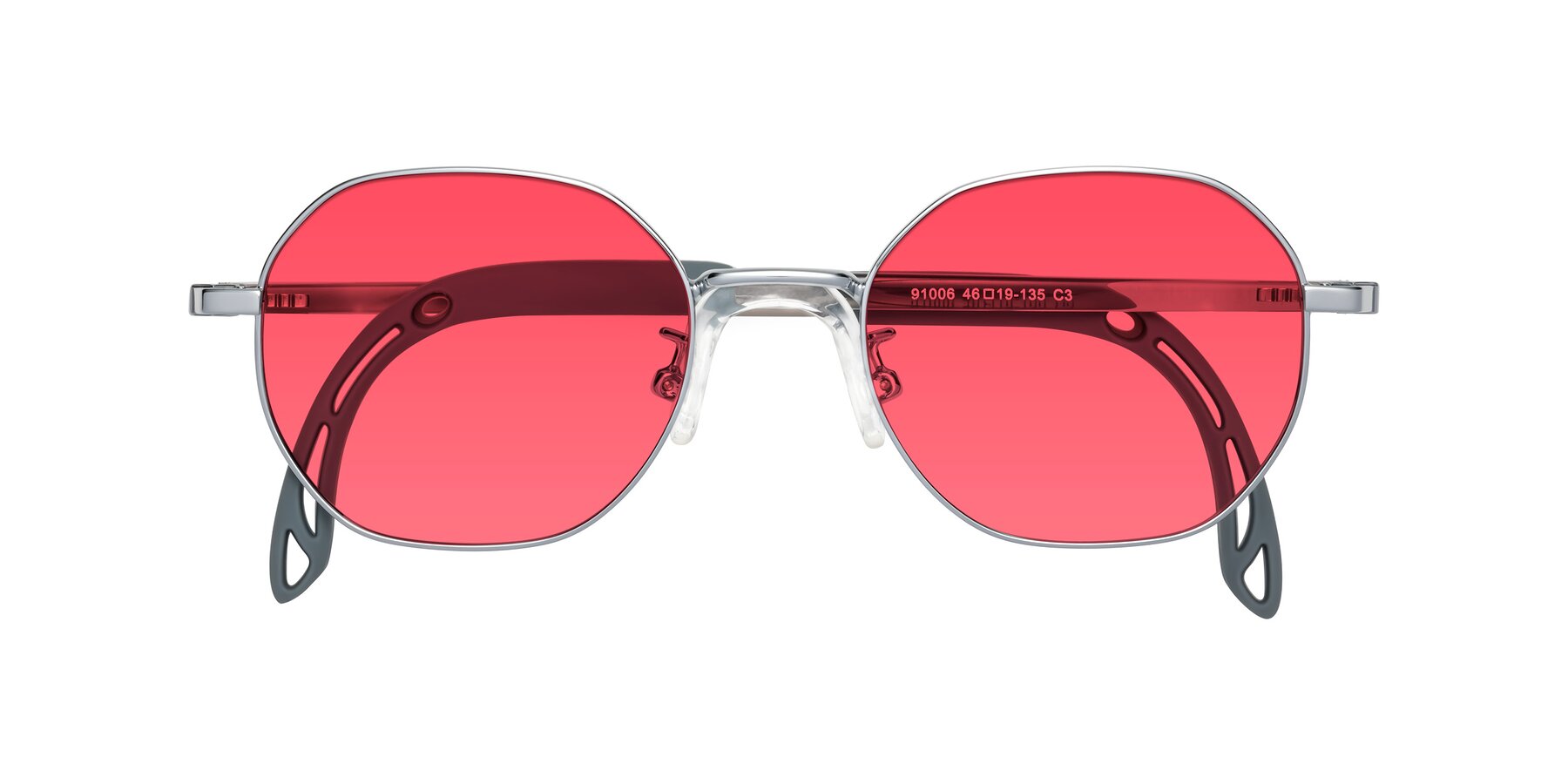 Folded Front of Esther in Knight Silver with Red Tinted Lenses