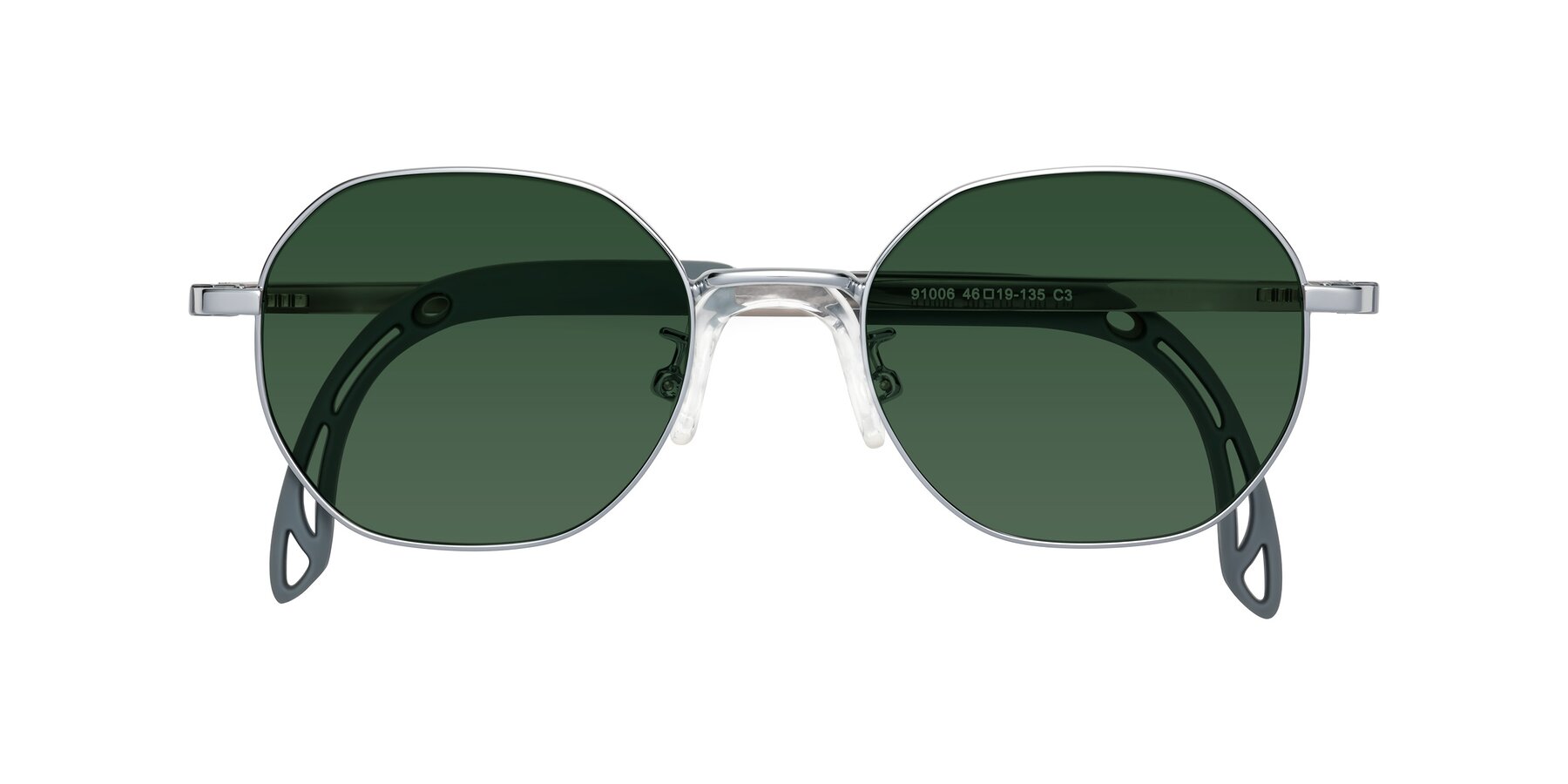 Folded Front of Esther in Knight Silver with Green Tinted Lenses