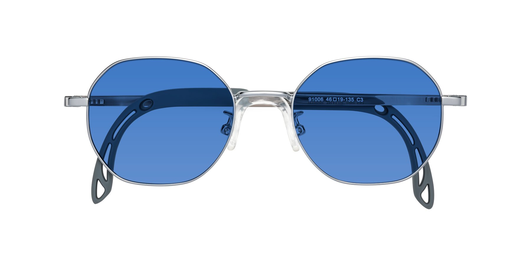 Folded Front of Esther in Knight Silver with Blue Tinted Lenses