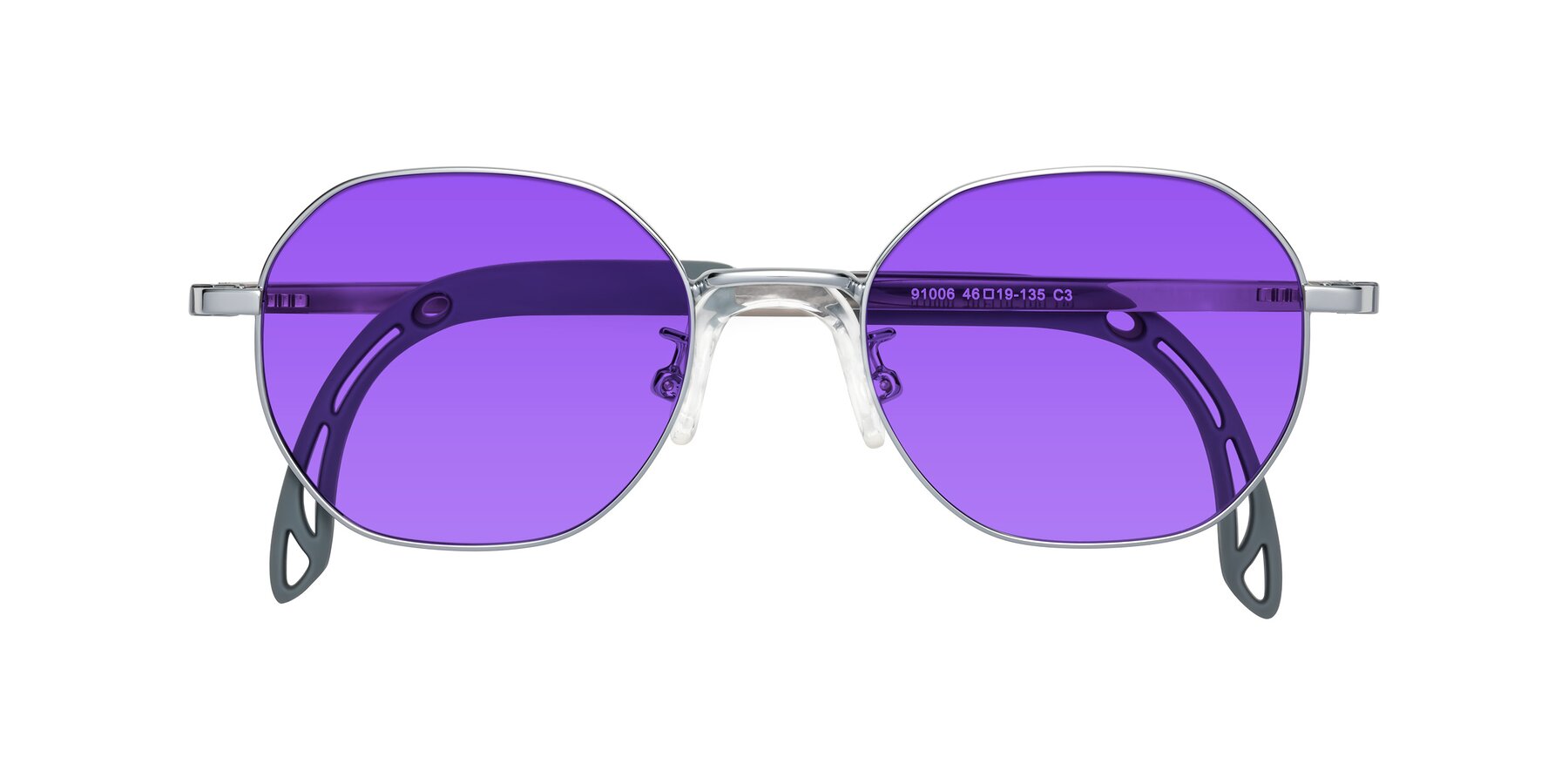 Folded Front of Esther in Knight Silver with Purple Tinted Lenses