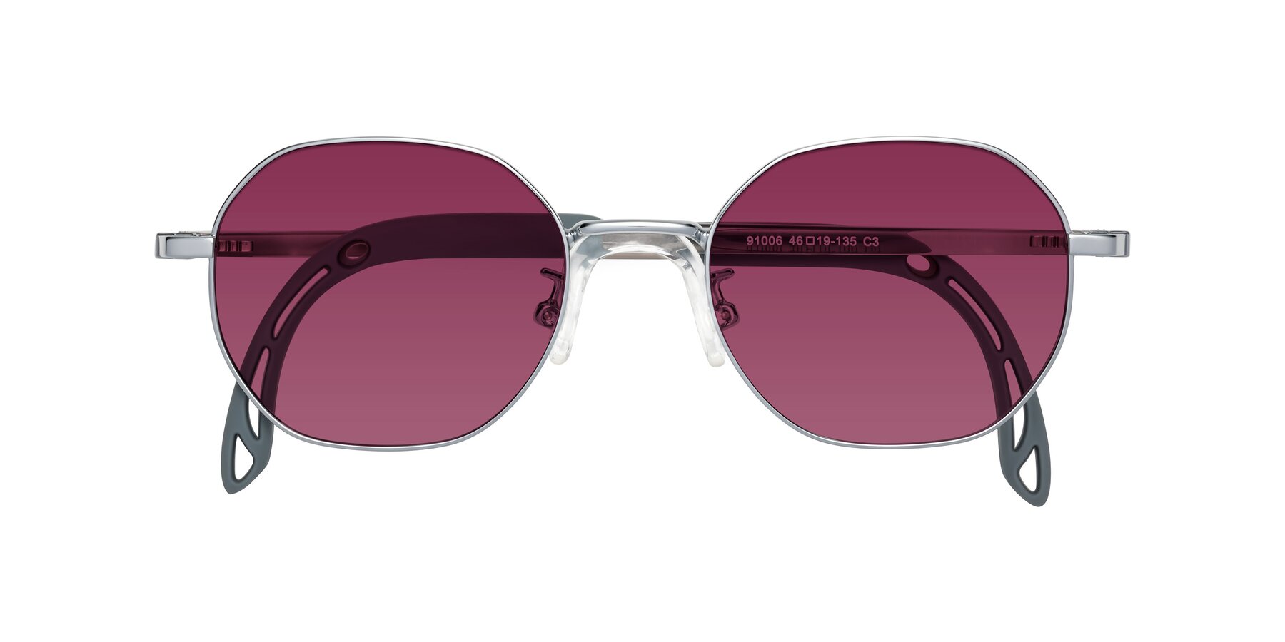 Folded Front of Esther in Knight Silver with Wine Tinted Lenses