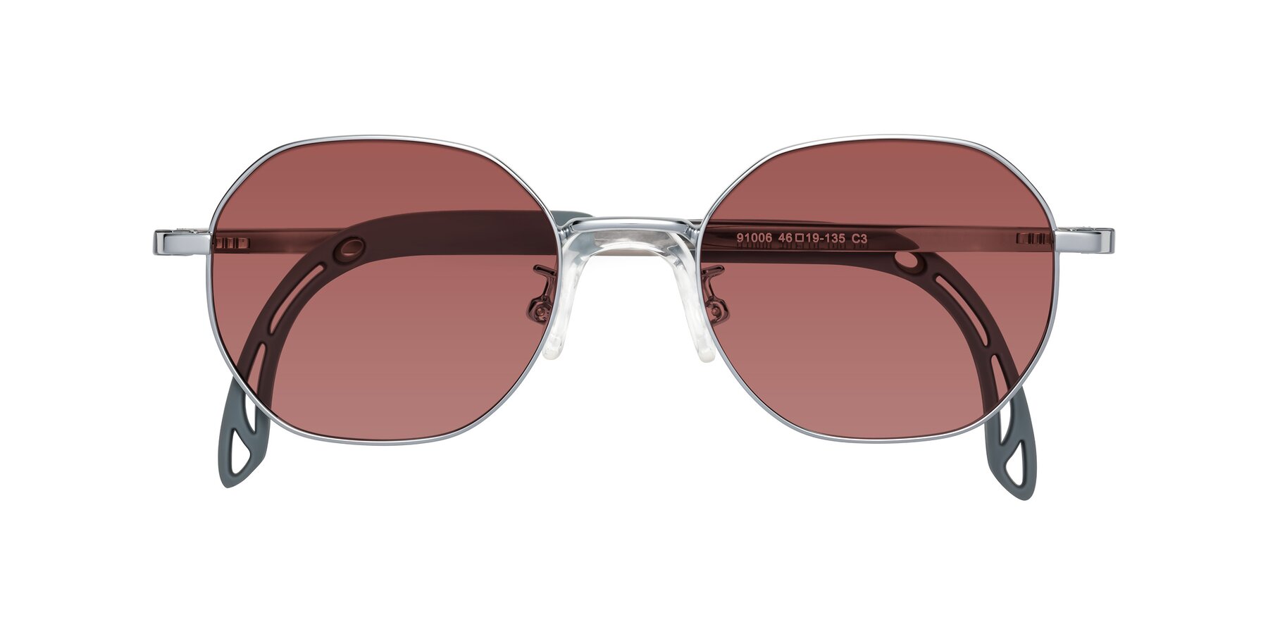 Folded Front of Esther in Knight Silver with Garnet Tinted Lenses