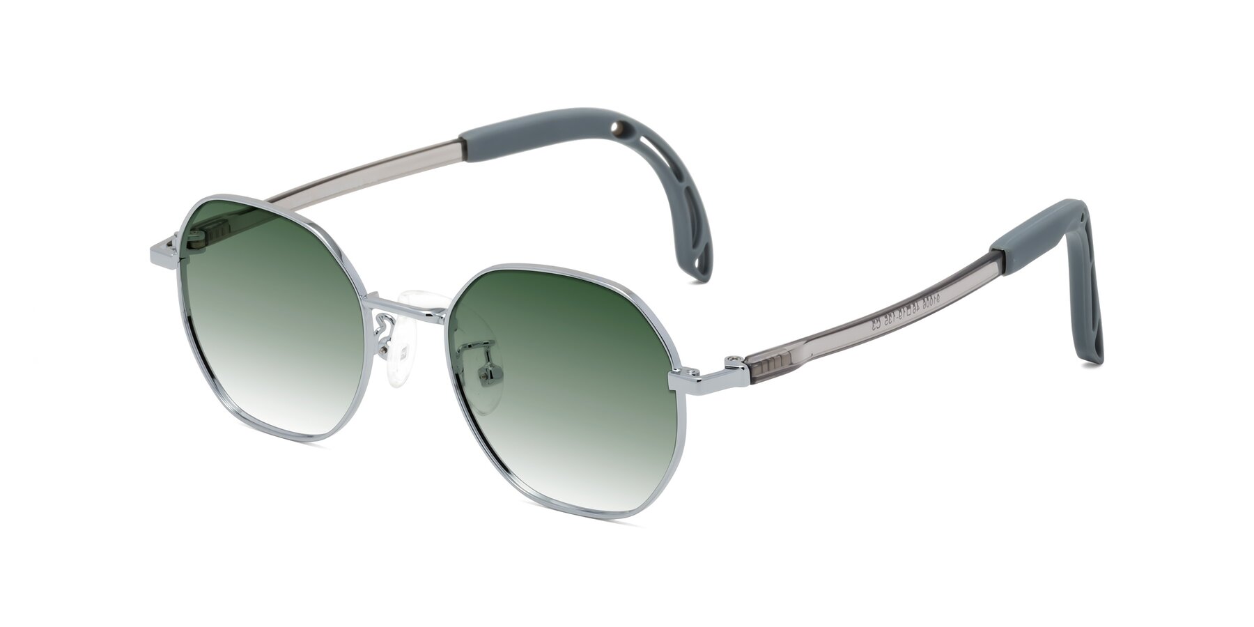 Angle of Esther in Knight Silver with Green Gradient Lenses