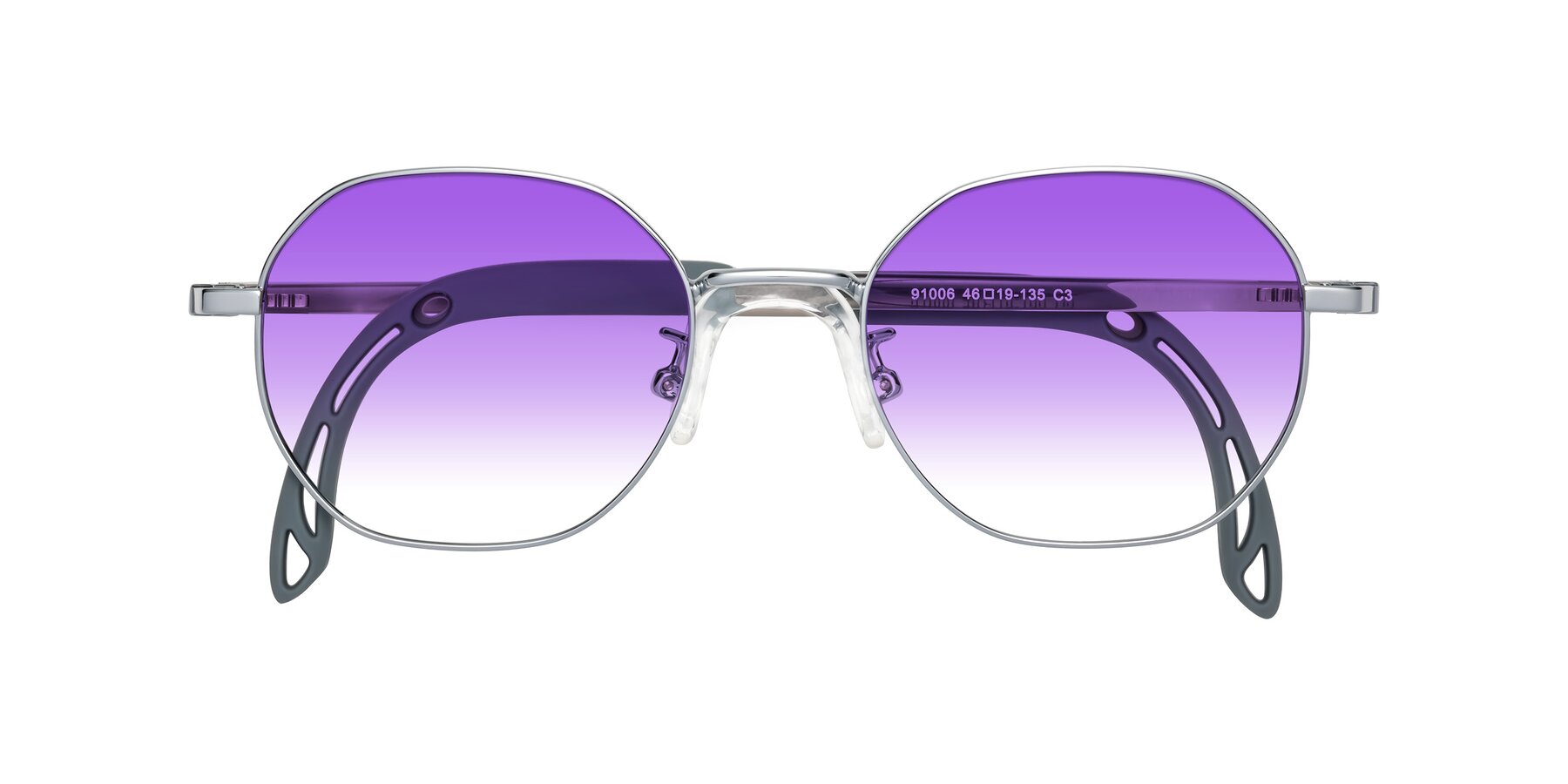 Folded Front of Esther in Knight Silver with Purple Gradient Lenses