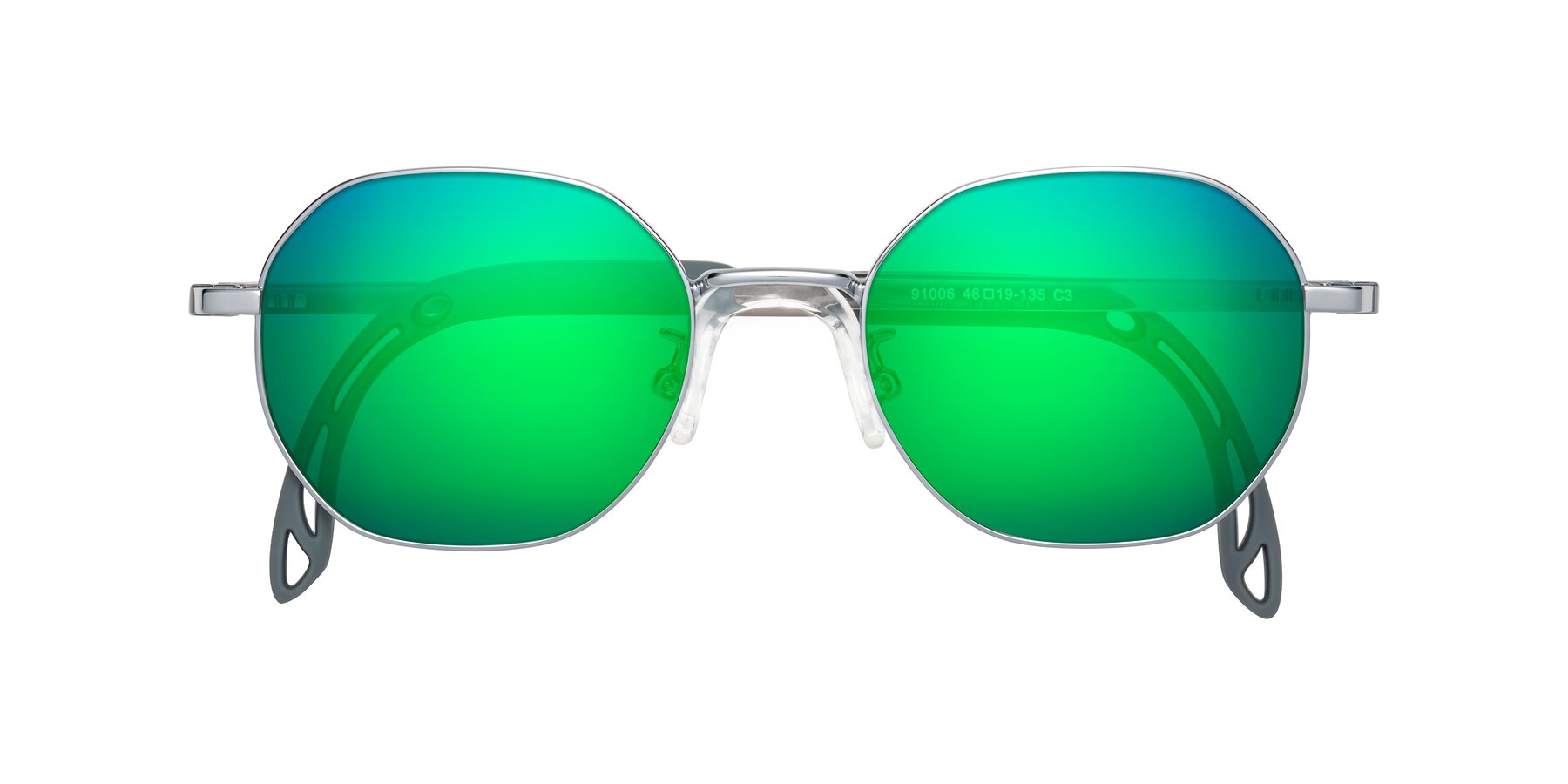 Folded Front of Esther in Knight Silver with Green Mirrored Lenses