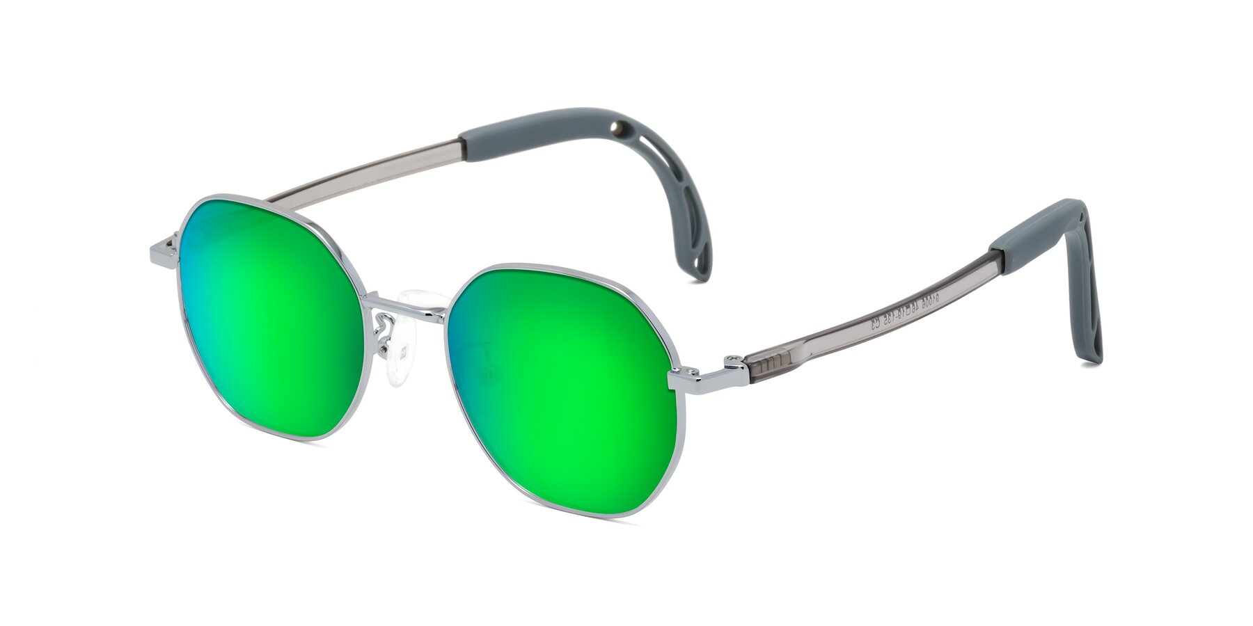 Angle of Esther in Knight Silver with Green Mirrored Lenses