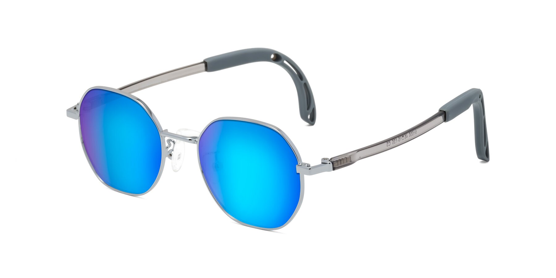 Angle of Esther in Knight Silver with Blue Mirrored Lenses