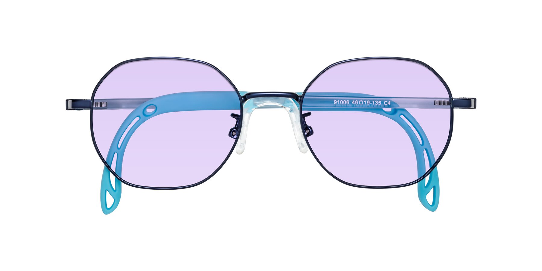 Folded Front of Esther in Sailor Blue with Light Purple Tinted Lenses