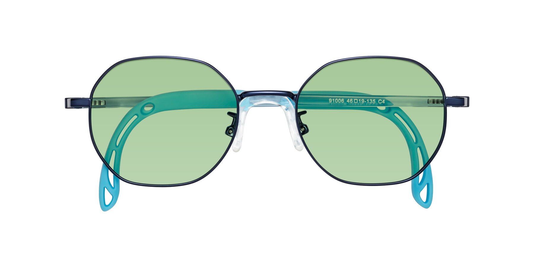 Folded Front of Esther in Sailor Blue with Medium Green Tinted Lenses