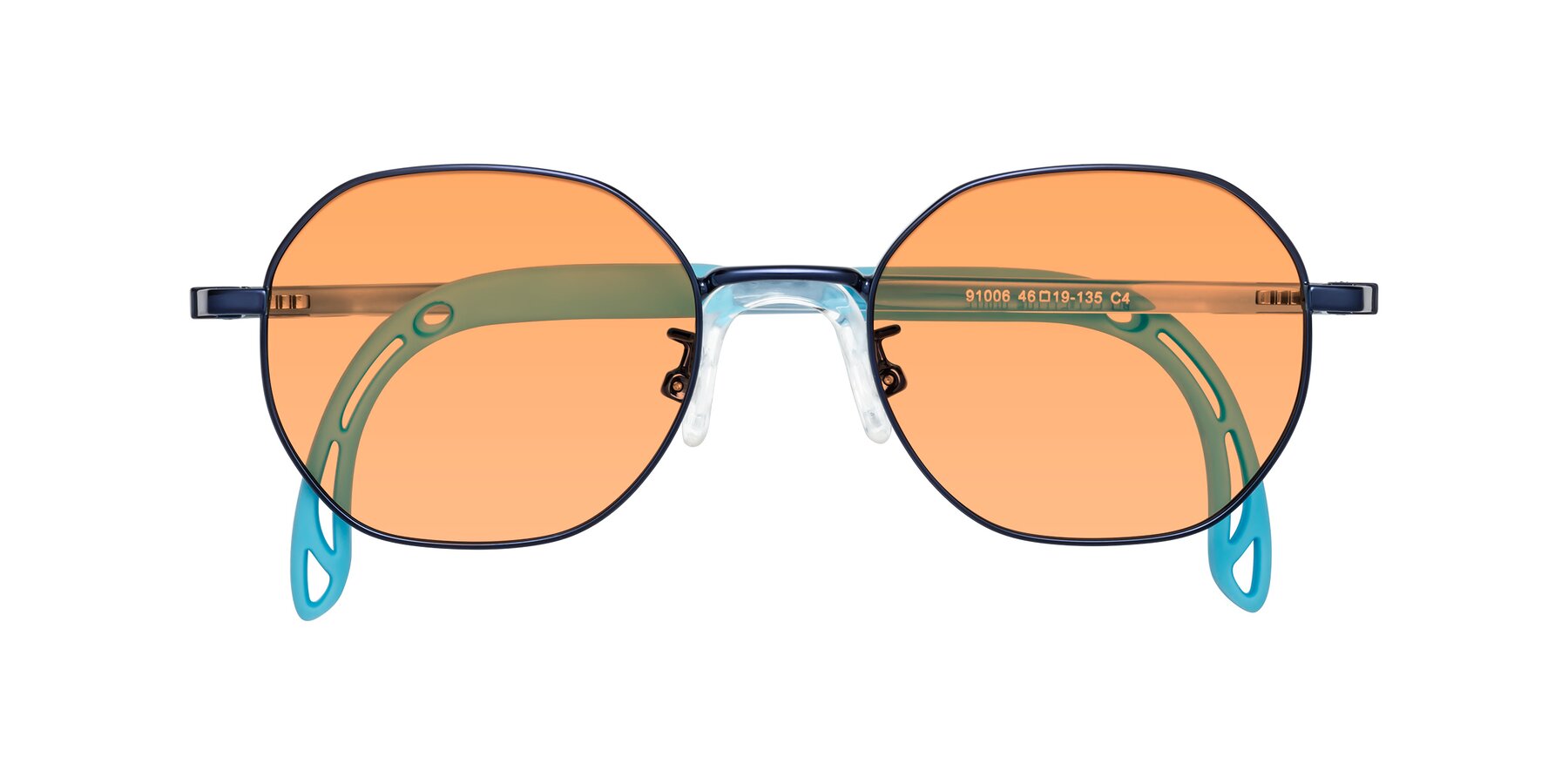 Folded Front of Esther in Sailor Blue with Medium Orange Tinted Lenses